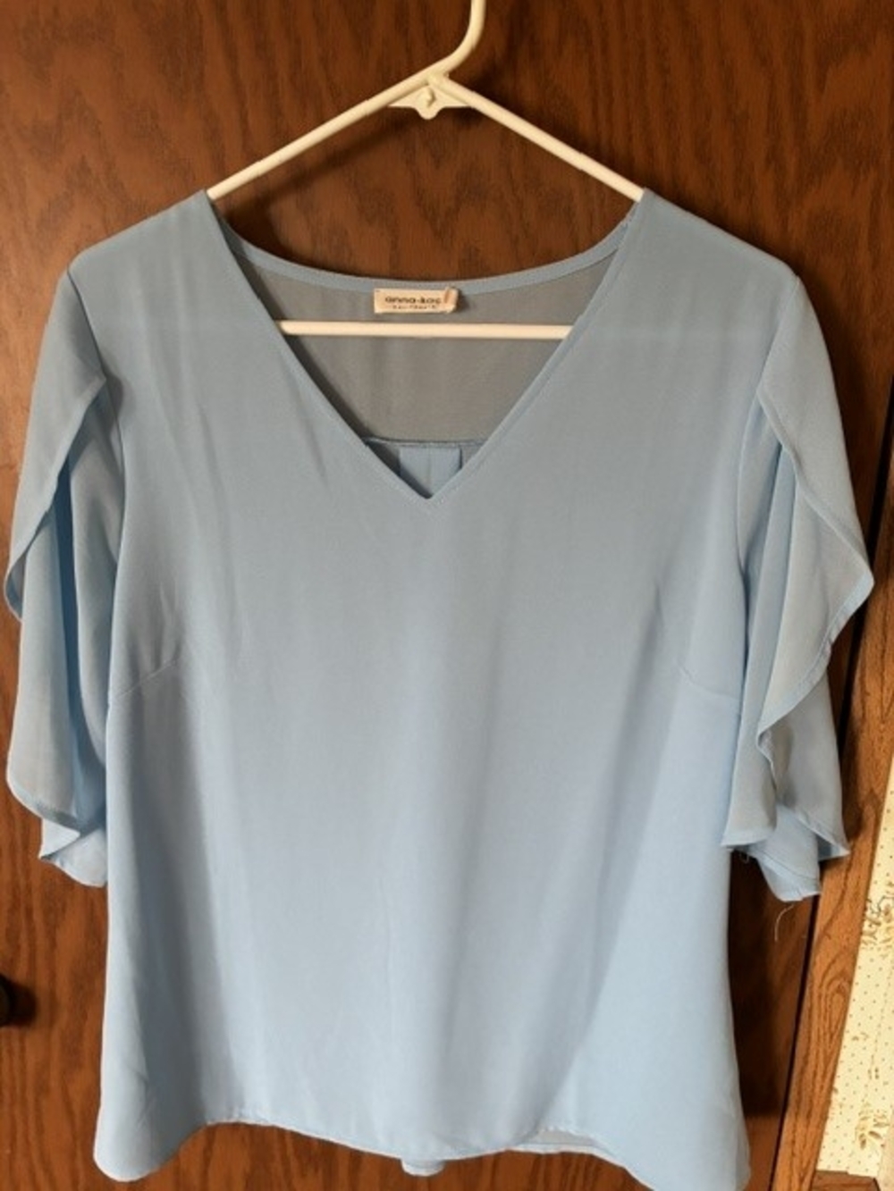 Light Blue Flutter Sleeve V-Neck Blouse - Picture 7 of 8